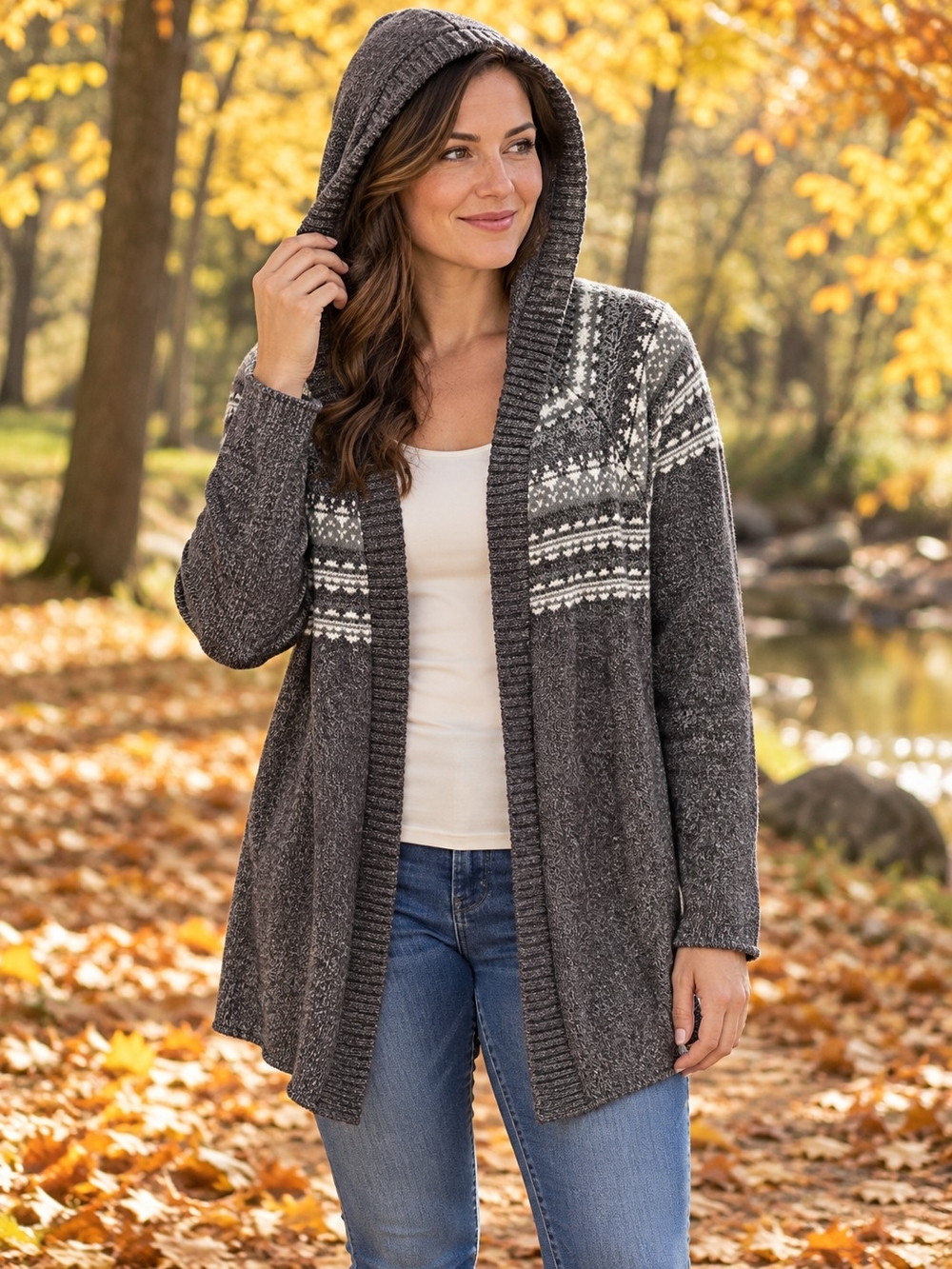 Ricki's Charcoal Hooded Fair Isle Cardigan